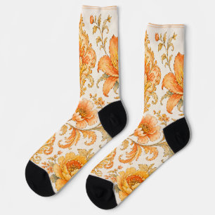 Vintage Barok Bloempatroon – Warm Oranje/Goud Sokken