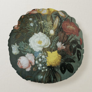 Vintage Barok, Boeket Bloemen in Glazen Vaas Rond Kussen
