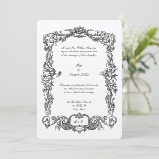 Vintage Barok Rococo Bloemenslingers & Cherubijnen Kaart (Staand voorkant)