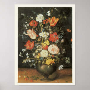 Vintage Barok Stilleven Bloemen in een Metalen Vaa Poster