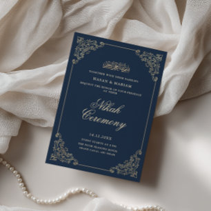 Vintage Barokke lijst Navy Blauwe Nikah-ceremonie Kaart