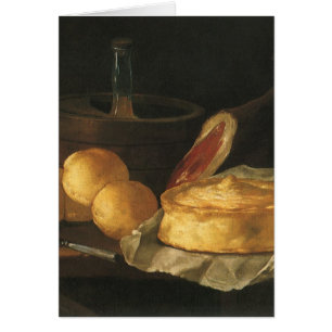 Vintage barokstilleven met brood, taart en ham