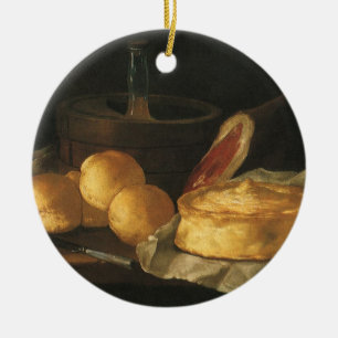 Vintage barokstilleven met brood, taart en ham keramisch ornament