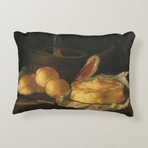 Vintage barokstilleven met brood, taart, ham accent kussen