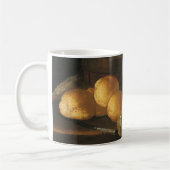 Vintage barokstilleven met brood, taart, ham koffiemok (Links)