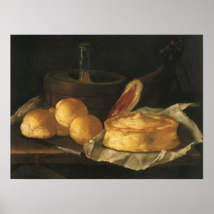 Vintage barokstilleven met brood, taart, ham poster
