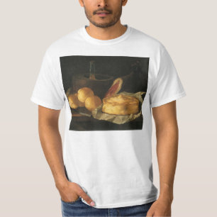 Vintage barokstilleven met brood, taart, ham t-shirt