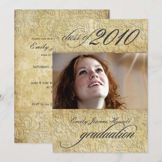 Vintage Baroque Damask Afstuderen Kaart (Voorkant / Achterkant)