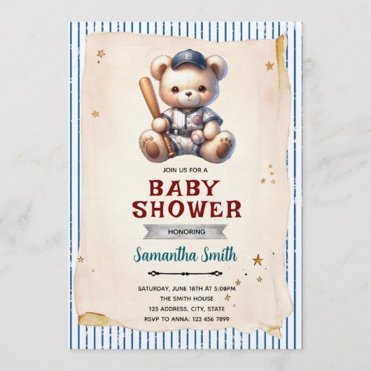 Vintage Baseball Bear Baby Shower Invitation Kaart (Voorkant)