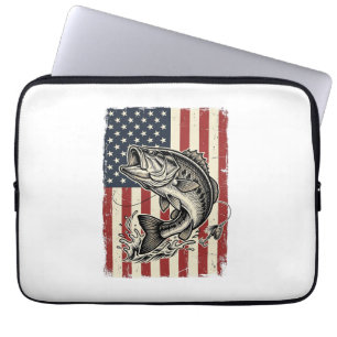 Vintage Bass Vissen Amerikaanse Vlag Shirt Ontwerp Laptop Sleeve