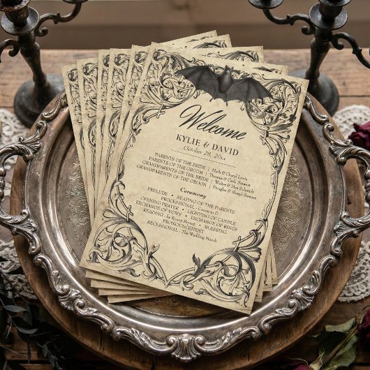 Vintage Bat Until Death Black Parchment Wedding Programmakaart