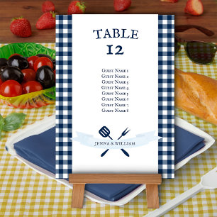 Vintage BBQ Navy Blue Gingham Huwelijks Stoelkaart