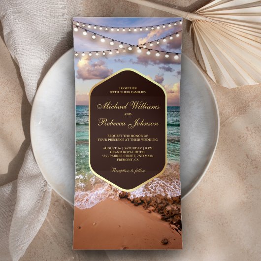 Vintage Beach Sunset String Lights Wedding Drieluik Uitnodiging