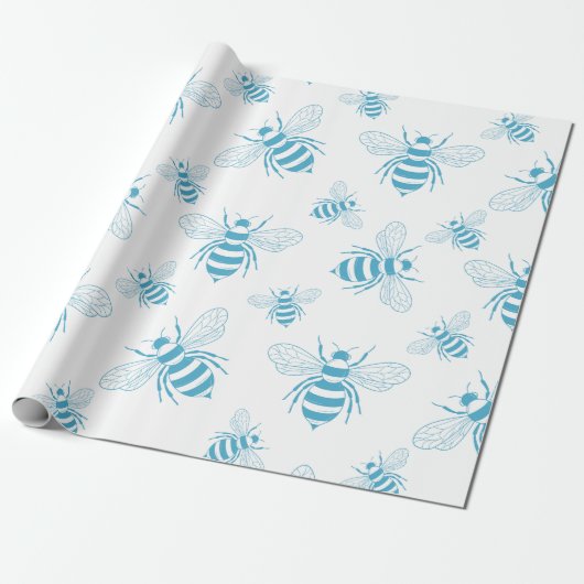 Vintage Bee Botanische Blauwe (1) Cadeaupapier (Uitgerold)