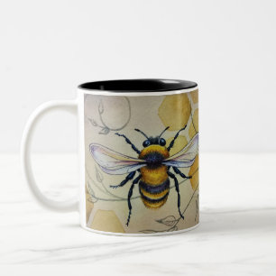 Vintage Bee nr. 1 en Honeycomb Waterverf Art Tweekleurige Koffiemok