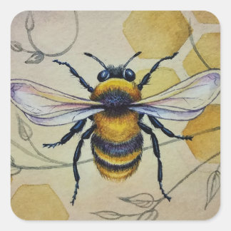 Vintage Bee nr. 1 en Honeycomb Waterverf Art Vierkante Sticker