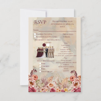 Vintage Beige and Burgundy Floral All-in-One RSVP Kaartje