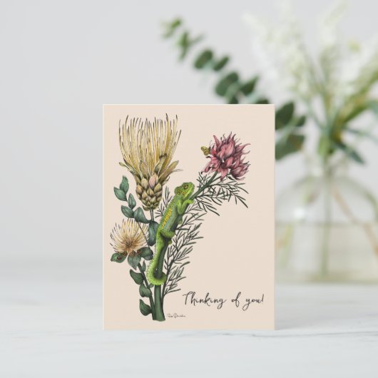 Vintage Beige Bloemenkameleon Kunst Denk Aan Jou Briefkaart (Staand voorkant)