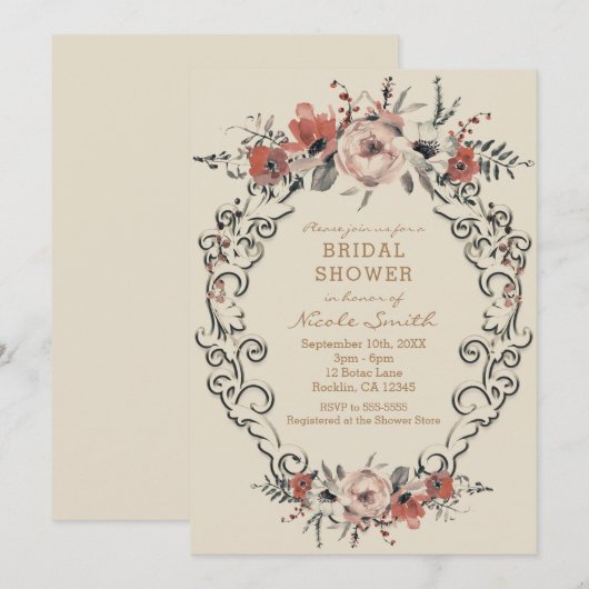 Vintage Beige Botanische Bloemrijke Bruidsdouche Kaart (Voorkant / Achterkant)