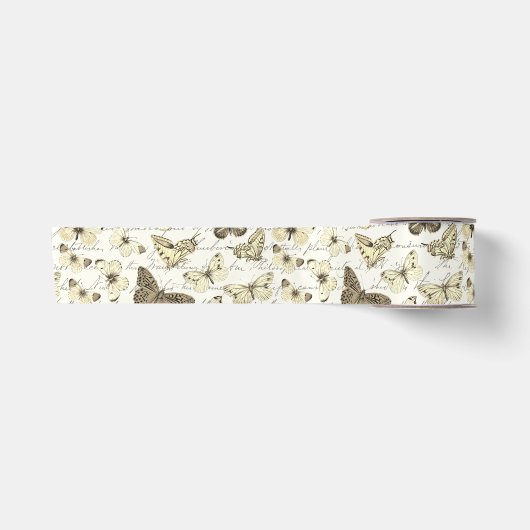 Vintage Beige Butterfly Pattern with Script Satijnen Lint (Voorkant)