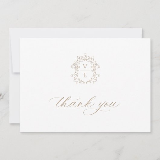 Vintage Beige Crest Monogram Weddenschap Bedankkaart (Voorkant)