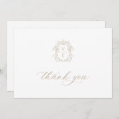 Vintage Beige Crest Monogram Weddenschap Bedankkaart (Voorkant / Achterkant)
