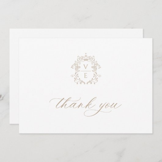 Vintage Beige Crest Monogram Weddenschap Bedankkaart (Voorkant / Achterkant)