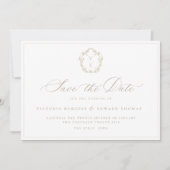 Vintage Beige Crest Monogram Weddenschap Save The Date (Voorkant)