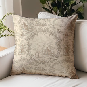 Vintage Beige Frans Landelijk Toile de Jouy Patroo Kussen