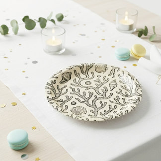 vintage beige hand drawn coral reef pattern papieren bordje