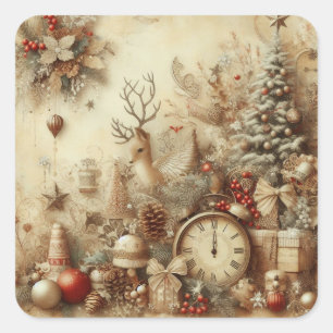 Vintage Beige Kerststickers Vierkante Sticker