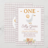 Vintage Beige Plaid One Silly Goose 1st Birthday Kaart (Voorkant / Achterkant)