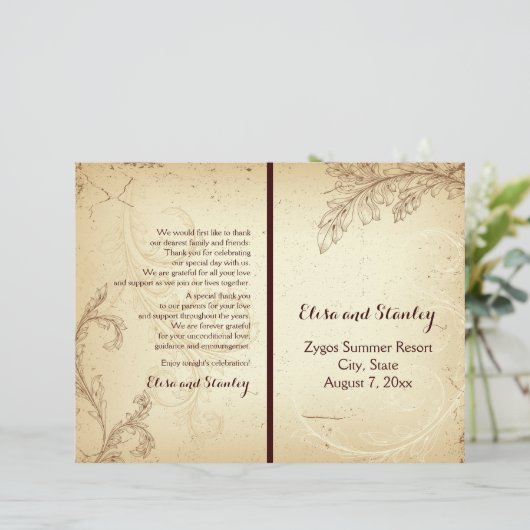 Vintage beige scroll leaf vouwd trouwprogramma (Staand voorkant)