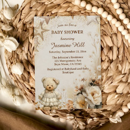Vintage Beige Teddydragers Babyshower Kaart