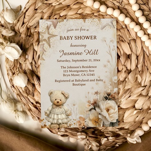 Vintage Beige Teddydragers Babyshower Kaart