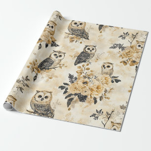 Vintage Beige Uil Botanische Bos Patroon Cadeaupapier