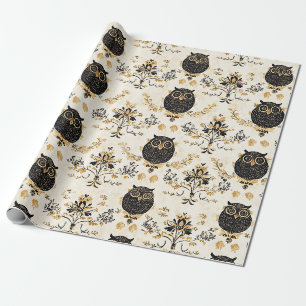 Vintage Beige Uil Natuur Patroon Cadeaupapier