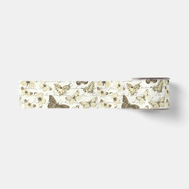 Vintage Beige Vlinderpatroon met Schrift Satijnen Lint