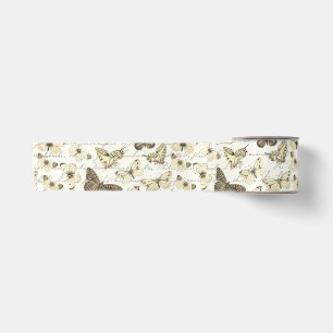 Vintage Beige Vlinderpatroon met Schrift Satijnen Lint