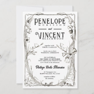Vintage Bell Flowers on White Wedding Invitation  Kaart