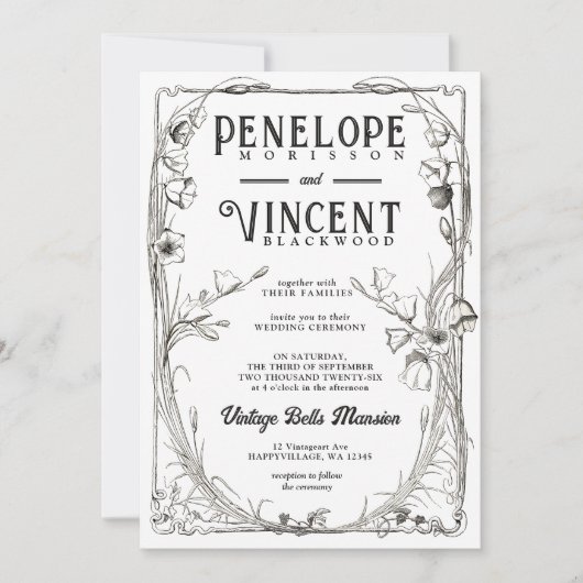 Vintage Bell Flowers on White Wedding Invitation Kaart (Voorkant)