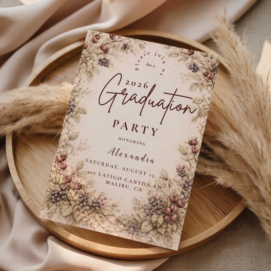 Vintage Berry Botanical Graduation Party Kaart