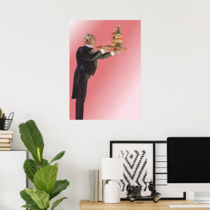 Vintage Beverages, Butler Serving Wine on Tray Poster