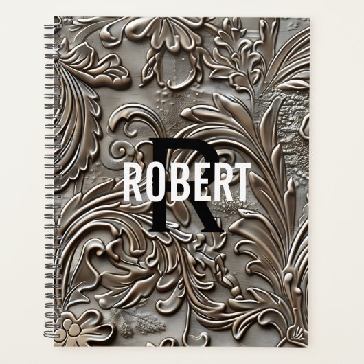 Vintage bewerkt leder monogram naam planner (Voorkant)