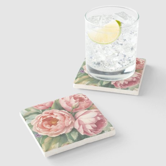 Vintage Big Pink Flowers Stenen Onderzetter (Zijkant)