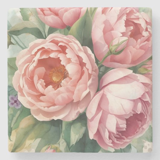 Vintage Big Pink Flowers Stenen Onderzetter (Voorkant)
