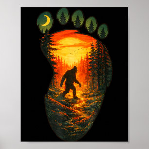 Vintage Bigfoot voetafdruk zonsondergang bos Sasqu Poster
