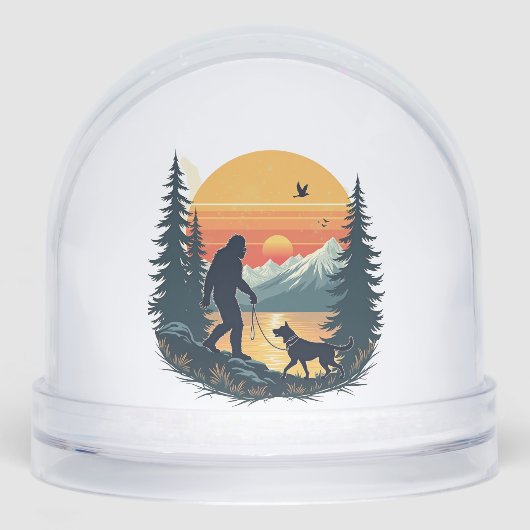 Vintage Bigfoot Walking Dog Mountain Sunset Retro  Sneeuwbol (Voorkant)