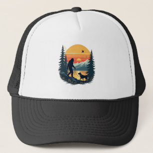 Vintage Bigfoot Wandelende Hond Berg Zonsondergang Trucker Pet