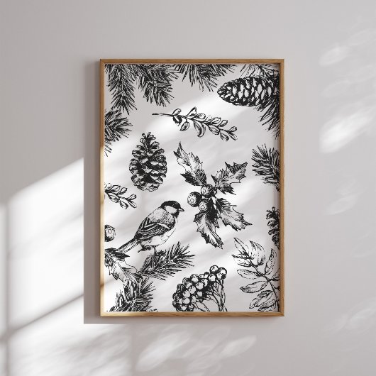 Vintage Bird and Pinecone Pattern Christmas Poster
